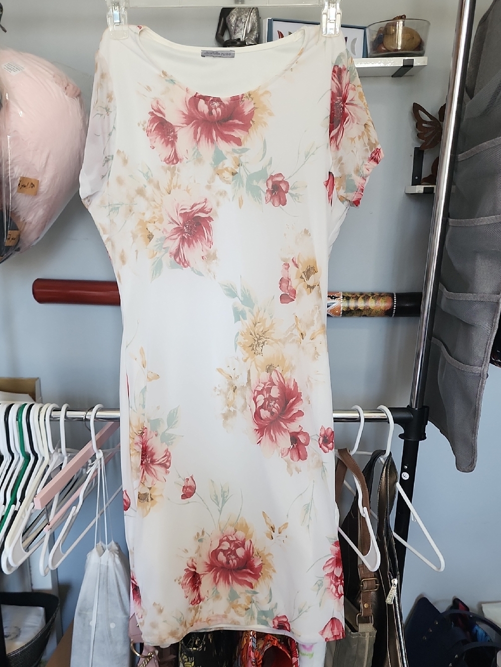 Charlotte Russe White Midi Dress with Pink Floral Print Sz Med